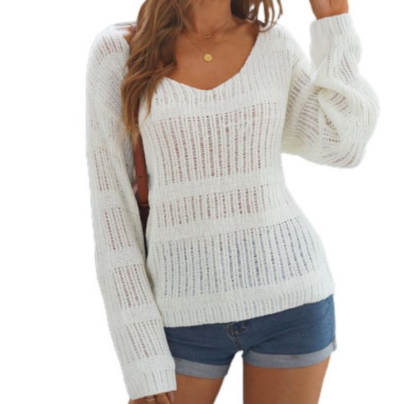 Sweaters - Long Sleeve V-Neck Open Knit Pullover Sweater off-white